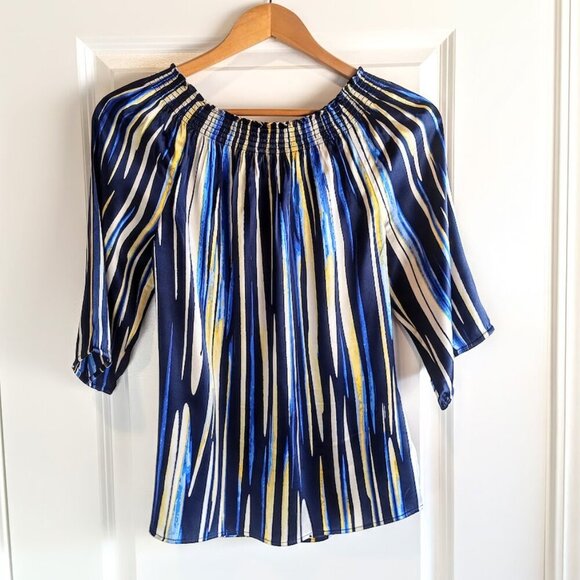 Cache Blue Yellow Abstract Print Silk Tunic Top - Picture 2 of 5